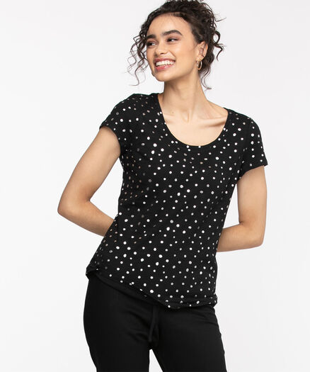 Scoop Neck Shirttail Graphic Tee, Black/Silver Dot