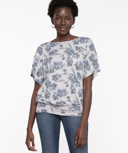 Extended Sleeve Banded Bottom Top, Grey/Blue Floral