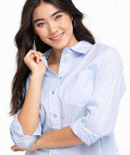 Blue Oversized Long Sleeve Collared Shirt, Blue