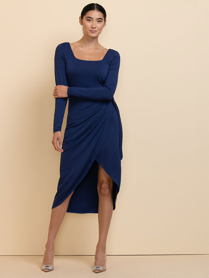 Long Sleeve Square Neck Tie Side Dress Image 4
