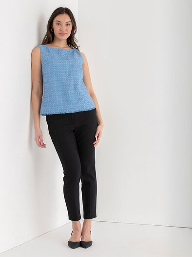 Sleeveless Boucle Top with Fringe Hem, Blue Boucle Sleeveless Boucle Top with Fringe Hem, Blue Boucle