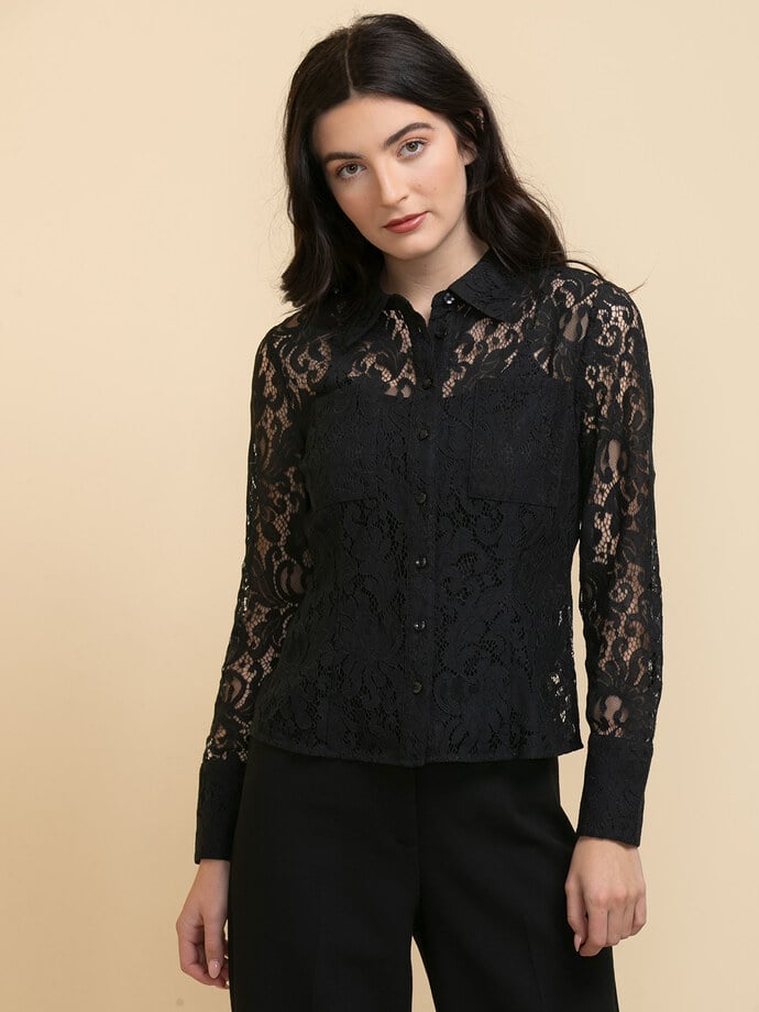 Long Sleeve Collared Button-Front Lace Shirt Image 3