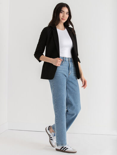 Hampton 3/4 Ruched Sleeve Ponte Blazer, Black Hampton 3/4 Ruched Sleeve Ponte Blazer, Black