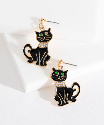 Rhinestone Cat Earring, Black/Gold
