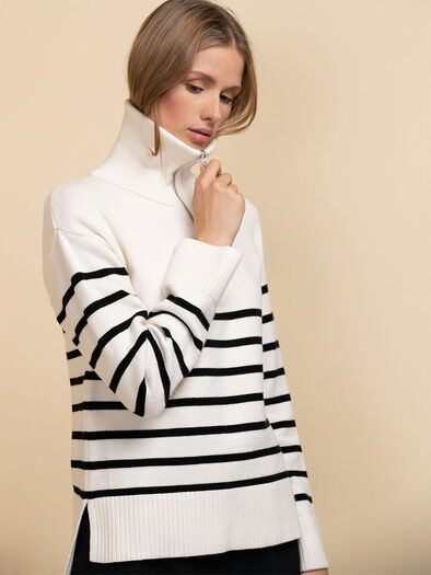 Striped 1/4 Zip Pullover Sweater, Sugar Swizzle/Black Stripe
