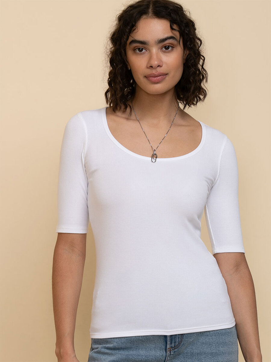 Ribbed Scoop Neck Top with Elbow Sleeves