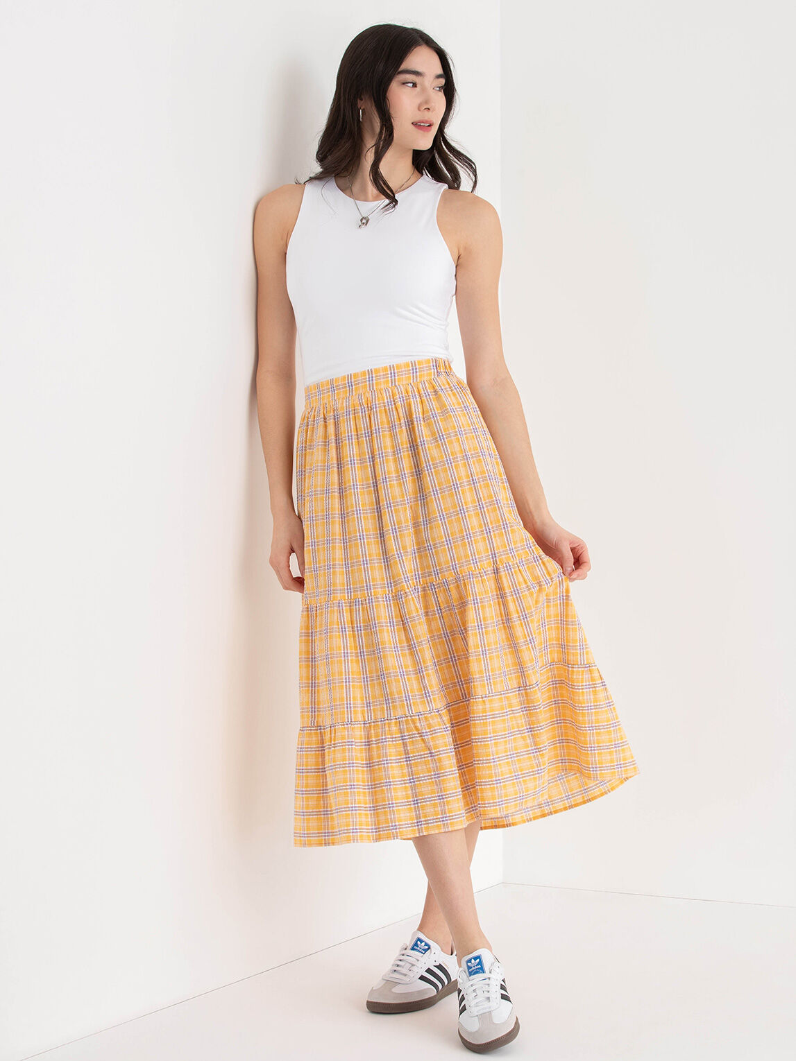 Tiered Yellow Plaid Midi Skirt Rickis