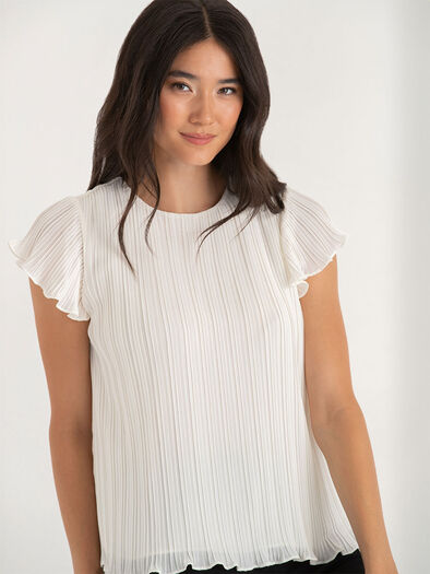 Short Sleeve Pleated Chiffon Blouse, Blanc de Blanc Short Sleeve Pleated Chiffon Blouse, Blanc de Blanc