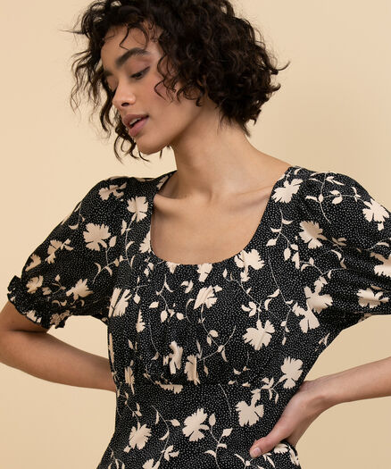 Empire Waist Top with Puff Sleeves, Black Dot Floral