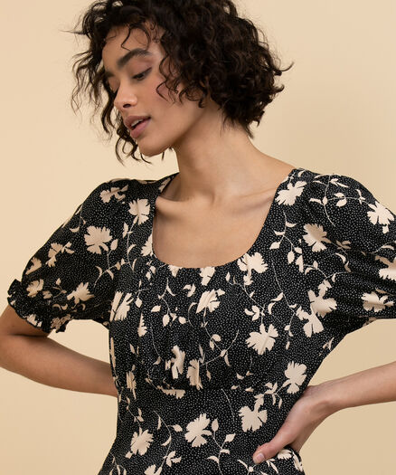 Empire Waist Top with Puff Sleeves, Black Dot Floral Empire Waist Top with Puff Sleeves, Black Dot Floral