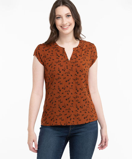 Short Sleeve Mixed Media Top, Orange Ditsy Print Short Sleeve Mixed Media Top, Orange Ditsy Print
