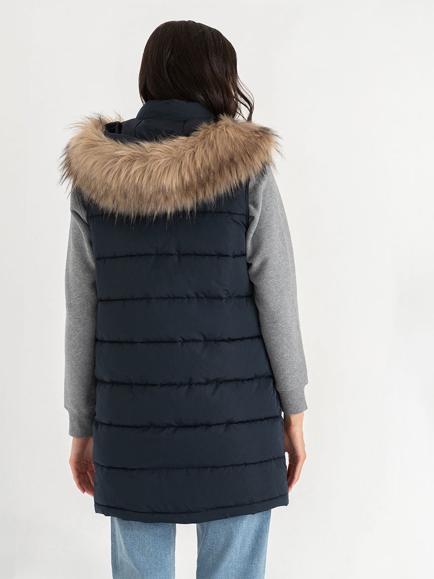 Carlyn Long Puffer Vest with Detachable Hood Fur Trim Rickis