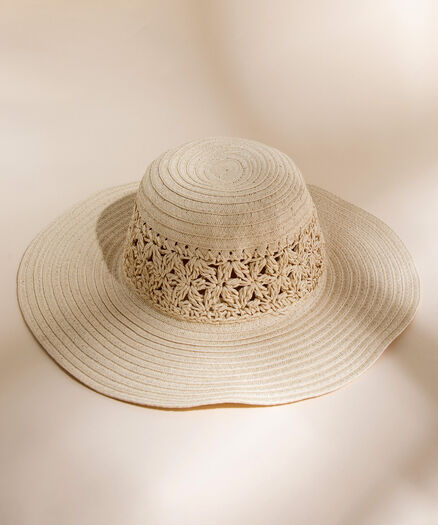 Sun Hat with Crochet Band, Cream