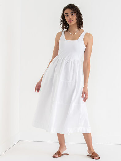 Sleeveless Mix Media Midi Dress, White Sleeveless Mix Media Midi Dress, White