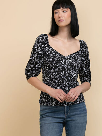 3/4 Peasant Sleeve Top by Ripe, Black/White Ditsy
