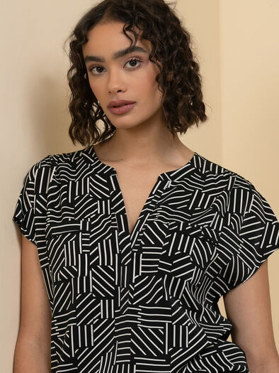 Extend Henley Mix Media Top, Black/White Geo Lines Extend Henley Mix Media Top, Black/White Geo Lines