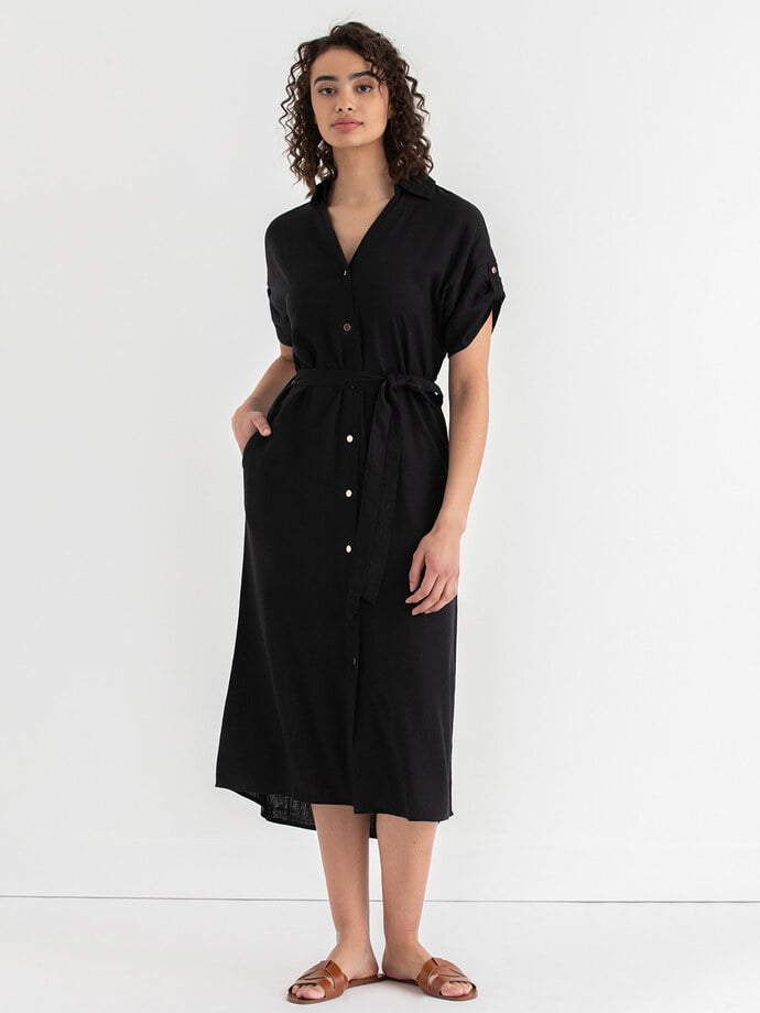 Linen Shirtdress with Roll Sleeves Image 1