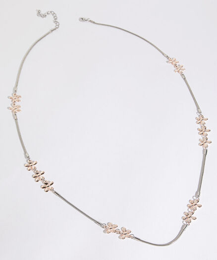 Long Silver Snake Chain Necklace /w Rose Gold Flower Accents, Gld/Sil