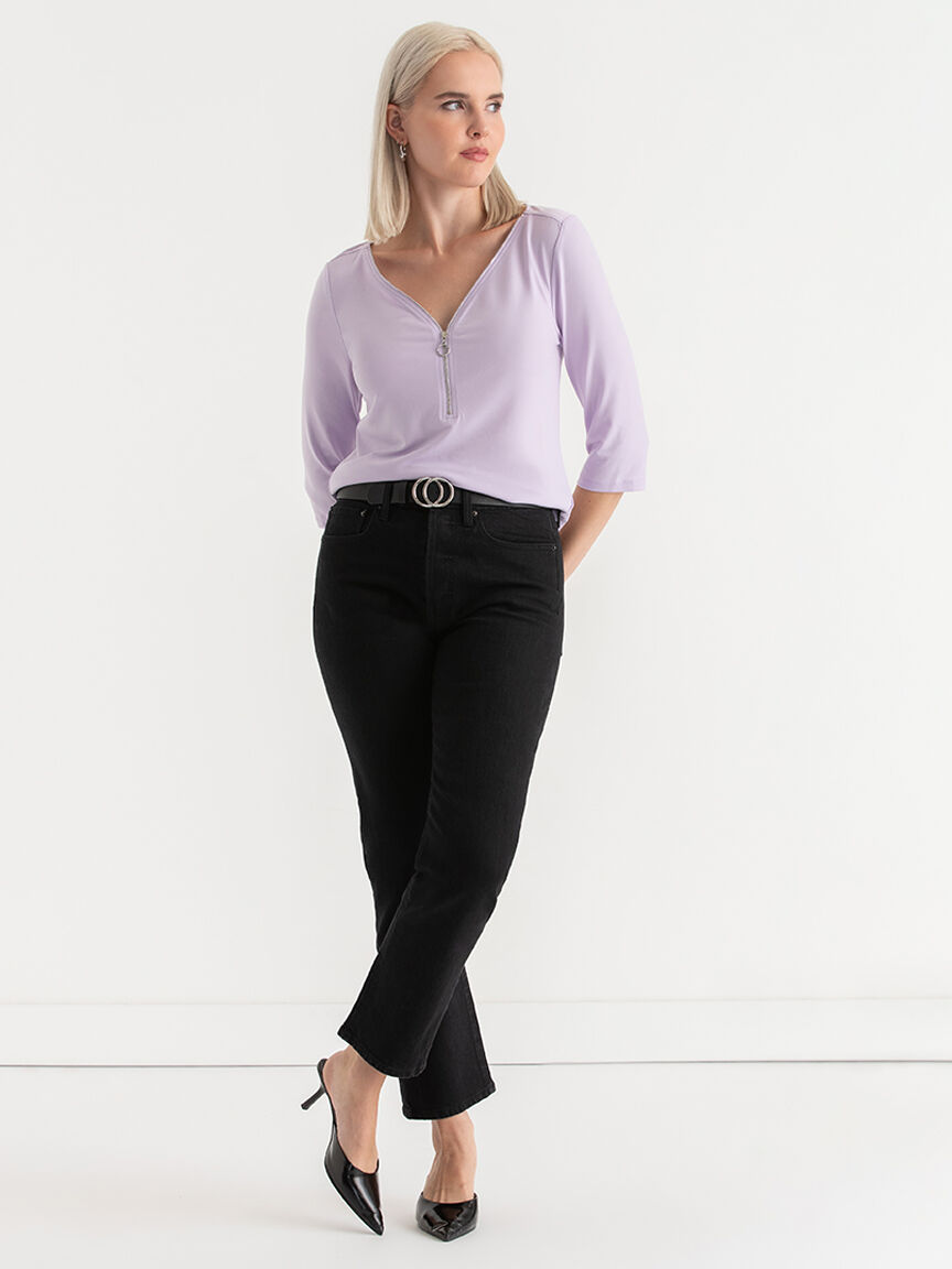 V-Neck Zipper 3/4 Sleeve Top | Rickis