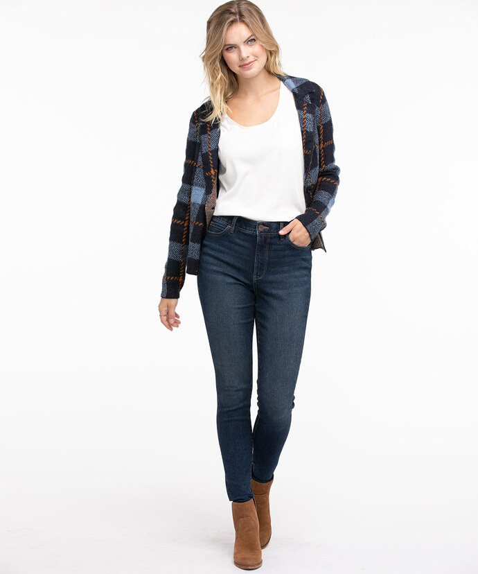 One-Button Plaid Sweater Jacket Image 6