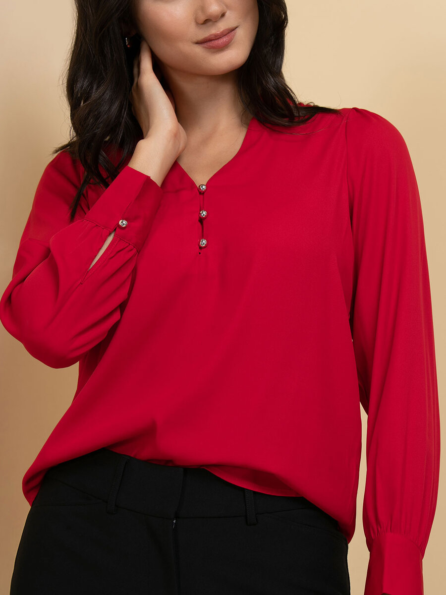 Long Sleeve V-Neck Blouse with Silver Buttons