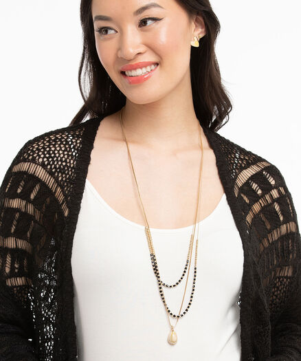 Layered Beaded Shell Pendant Necklace, Gold/Black