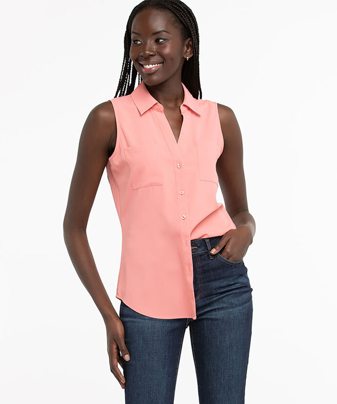 Sleeveless Button Front Collared Shirt Image 1
