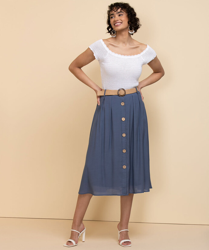 Textured Midi Skirt with Wood Buttons Image 3