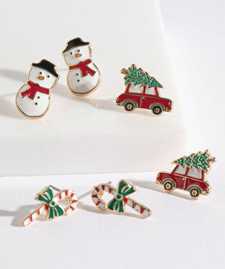 Snowman, Candycane & Car Earring Trio, Multi