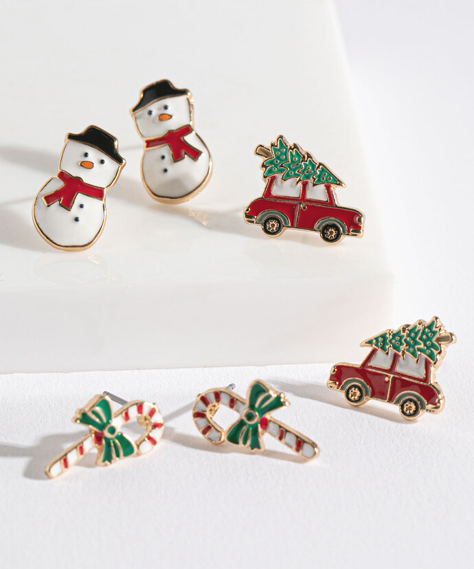 Snowman, Candycane & Car Earring Trio Image 1