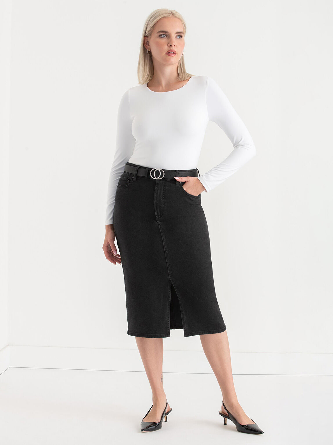 Black denim midi store skirt