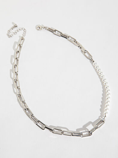 Silver Paperclip and White Pearl Necklace, Silver Silver Paperclip and White Pearl Necklace, Silver