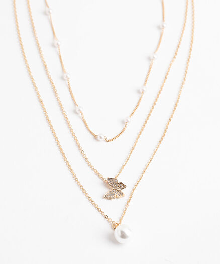 Layered Pearl & Butterfly Necklace, Gold