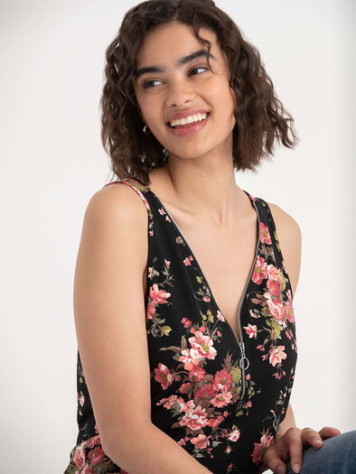 Sleeveless Zip Front Tank, Black Floral Print Sleeveless Zip Front Tank, Black Floral Print