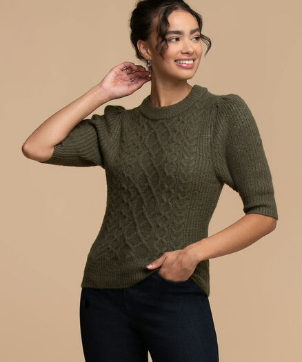 RD Style Cable Knit Puff Sleeve Sweater, Olive
