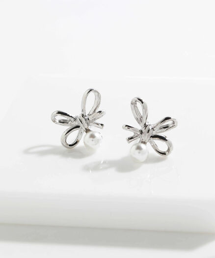 Bow Earring With Drop Pearls, Silver