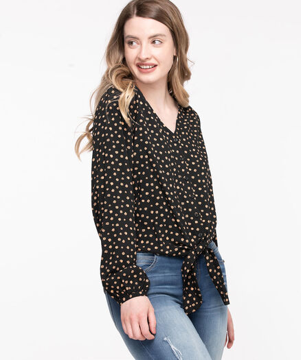 Tie-Front Long Sleeve Blouse, Black/Nomad