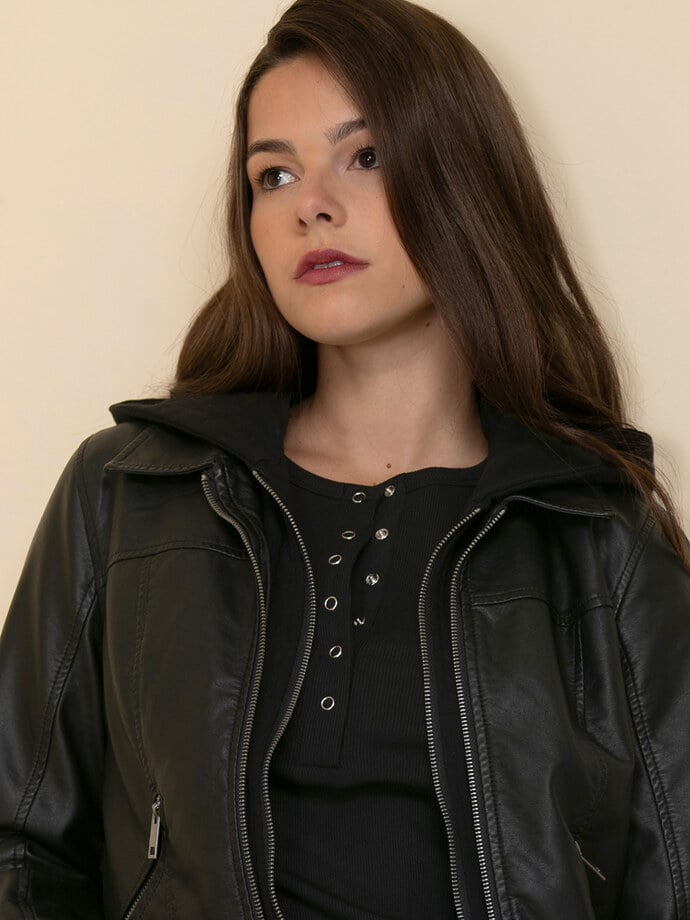 Faux Leather Jacket with Fleece Hood Image 3