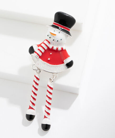 Dangly-Leg Snowman Brooch, White/Red