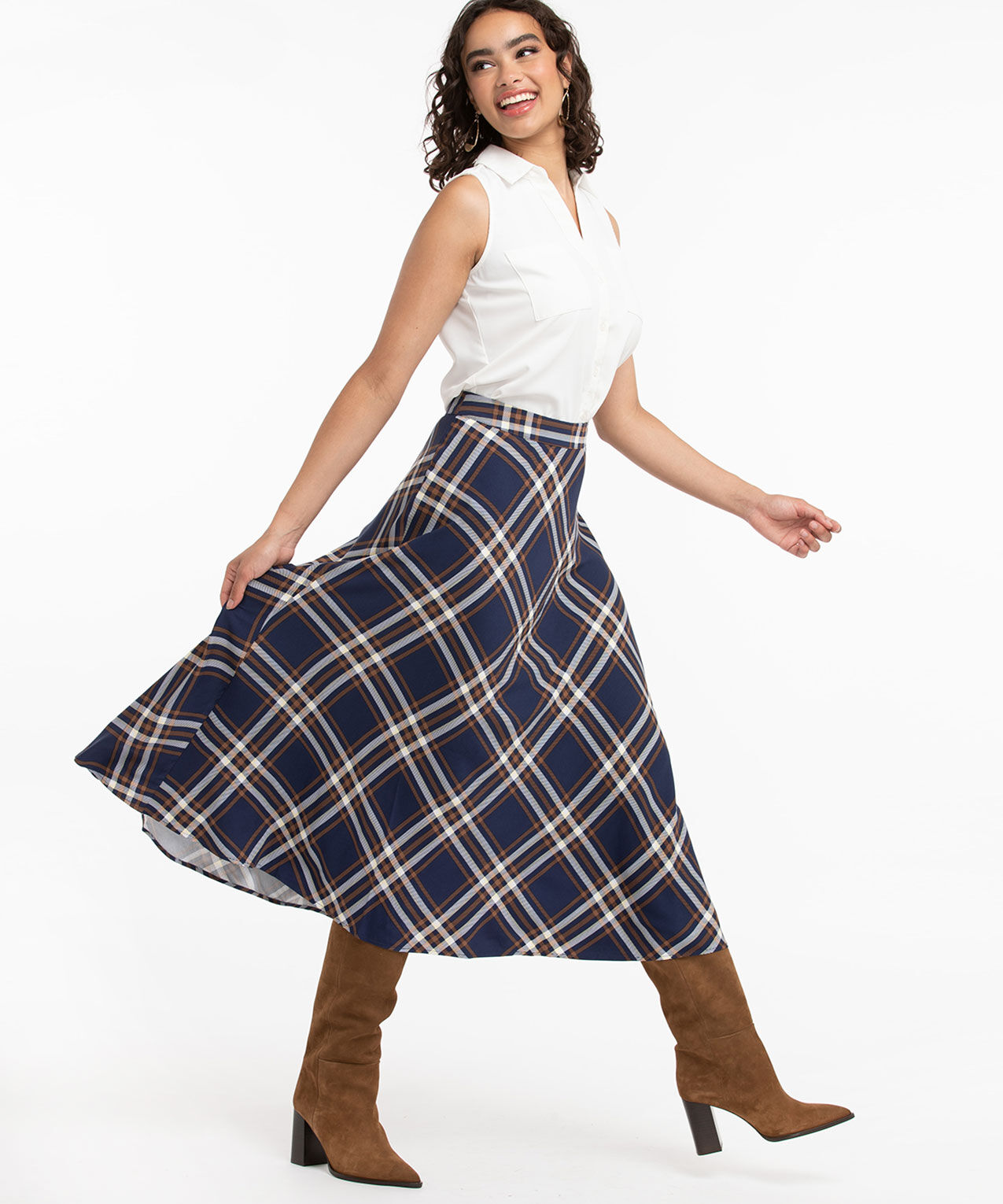 Navy plaid midi skirt hotsell