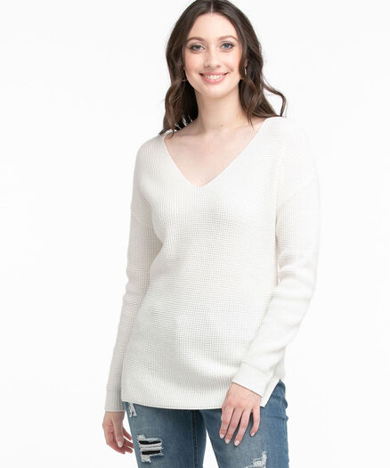 V-Neck Waffle Stitch Sweater, Snow White V-Neck Waffle Stitch Sweater, Snow White