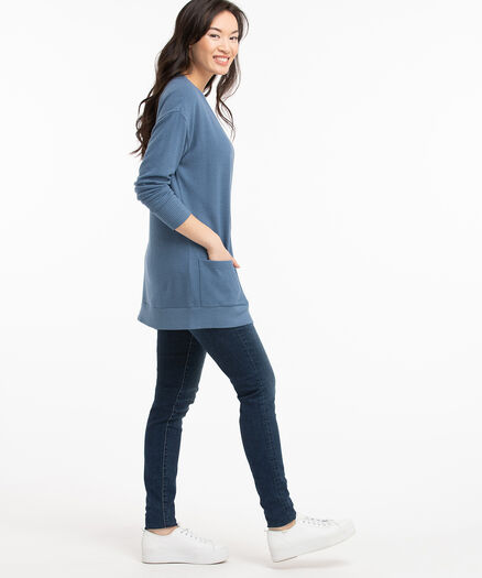Ribbed Trim Open Front Cardigan, China Blue