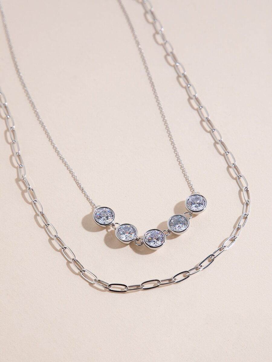 Silver Layered Cubic Zirconia + Paperclip Necklaces