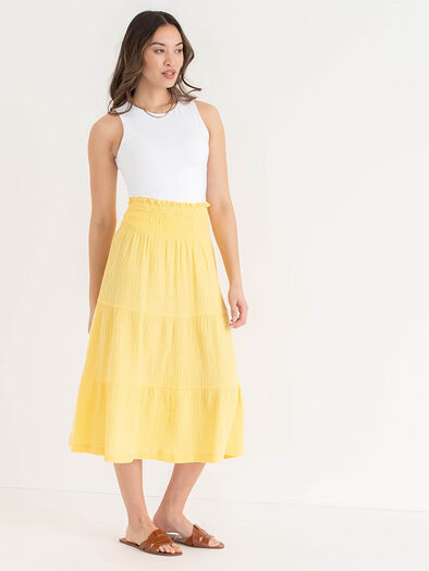 Tiered Crinkle Cotton Skirt, Lemon Drop Tiered Crinkle Cotton Skirt, Lemon Drop
