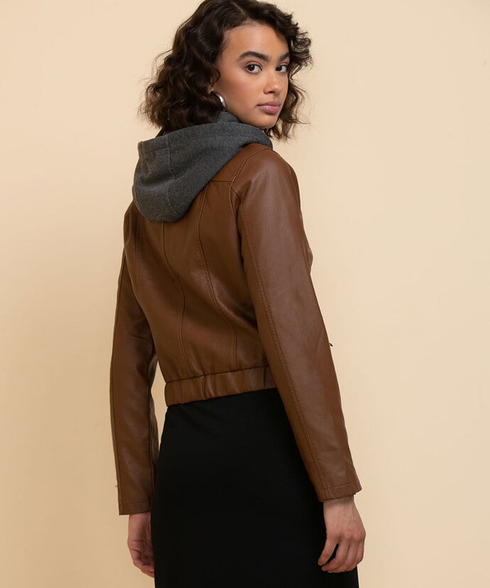 Faux Leather Jacket with Fleece Hood Image 5