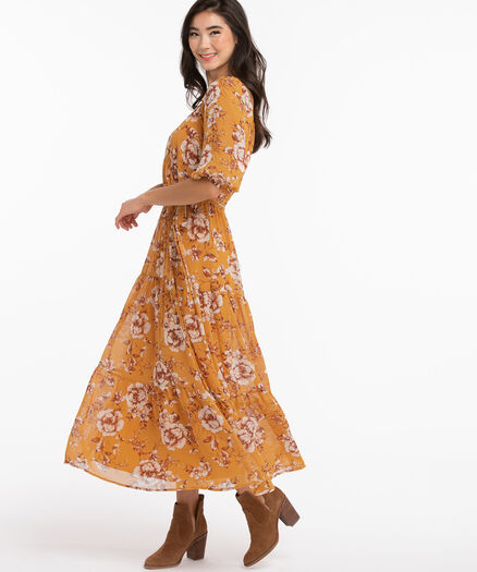 Luxology Tiered Maxi Dress, Mustard Floral Print