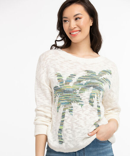 Palm Tree Pullover Sweater, Ivory/Multi Palm