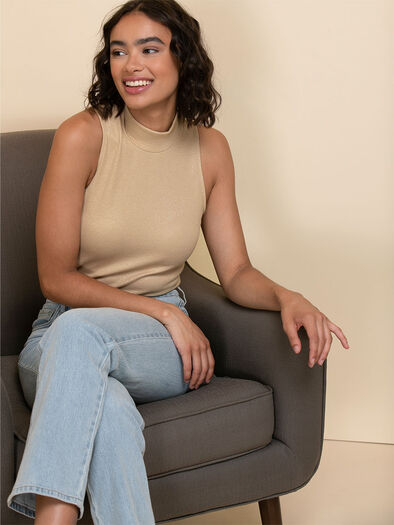 Sleeveless Mock Neck Top, Camel Shimmer Sleeveless Mock Neck Top, Camel Shimmer
