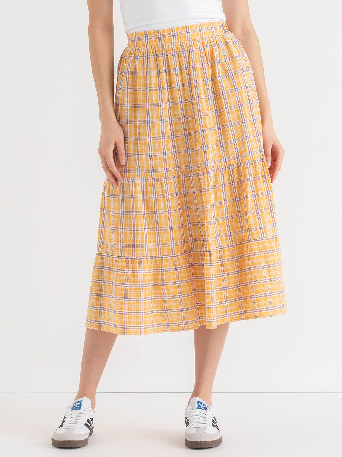 Tiered Yellow Plaid Midi Skirt Rickis
