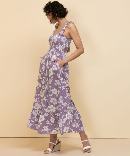 Sleeveless Smock Bodice Maxi Dress, Floral Print